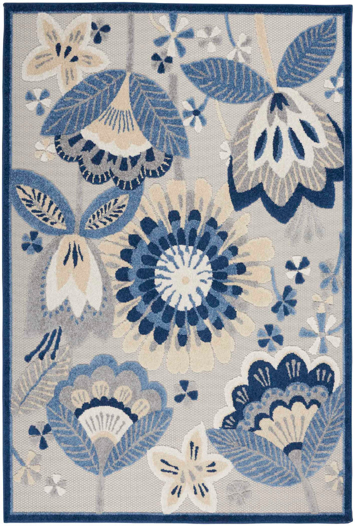 Annitra Indoor/Outdoor Blue & Grey Bouquet Area Rug - Elegance Collection