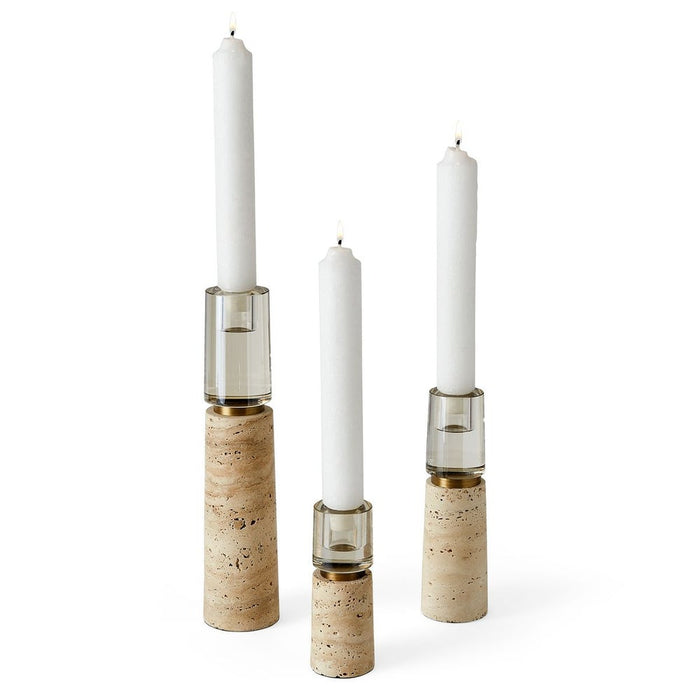 Stella Tavertine & Crystal Candleholders, Set of 3