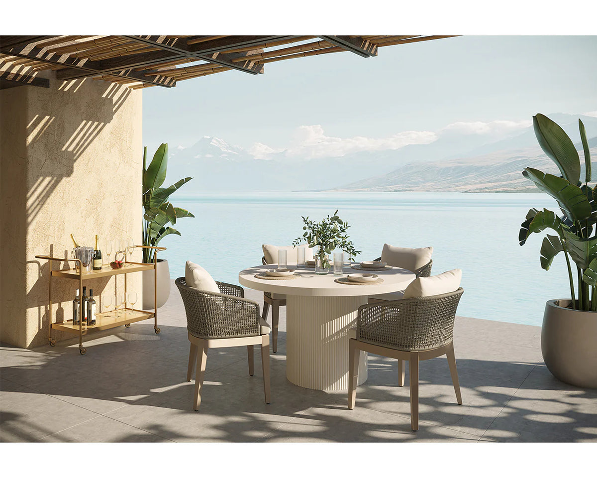 Nicolette Indoor/Outdoor White 55" Dining Table & Outdoor Capri Brown Teak Dining Chairs (Set of 4)