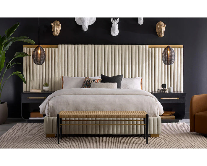 Tarrant Oatmeal & Gold King Bed With 2 Black Nightstands & Dresser