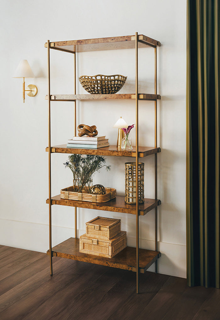 Jillian Dark Burl Wood & Brass Shelving