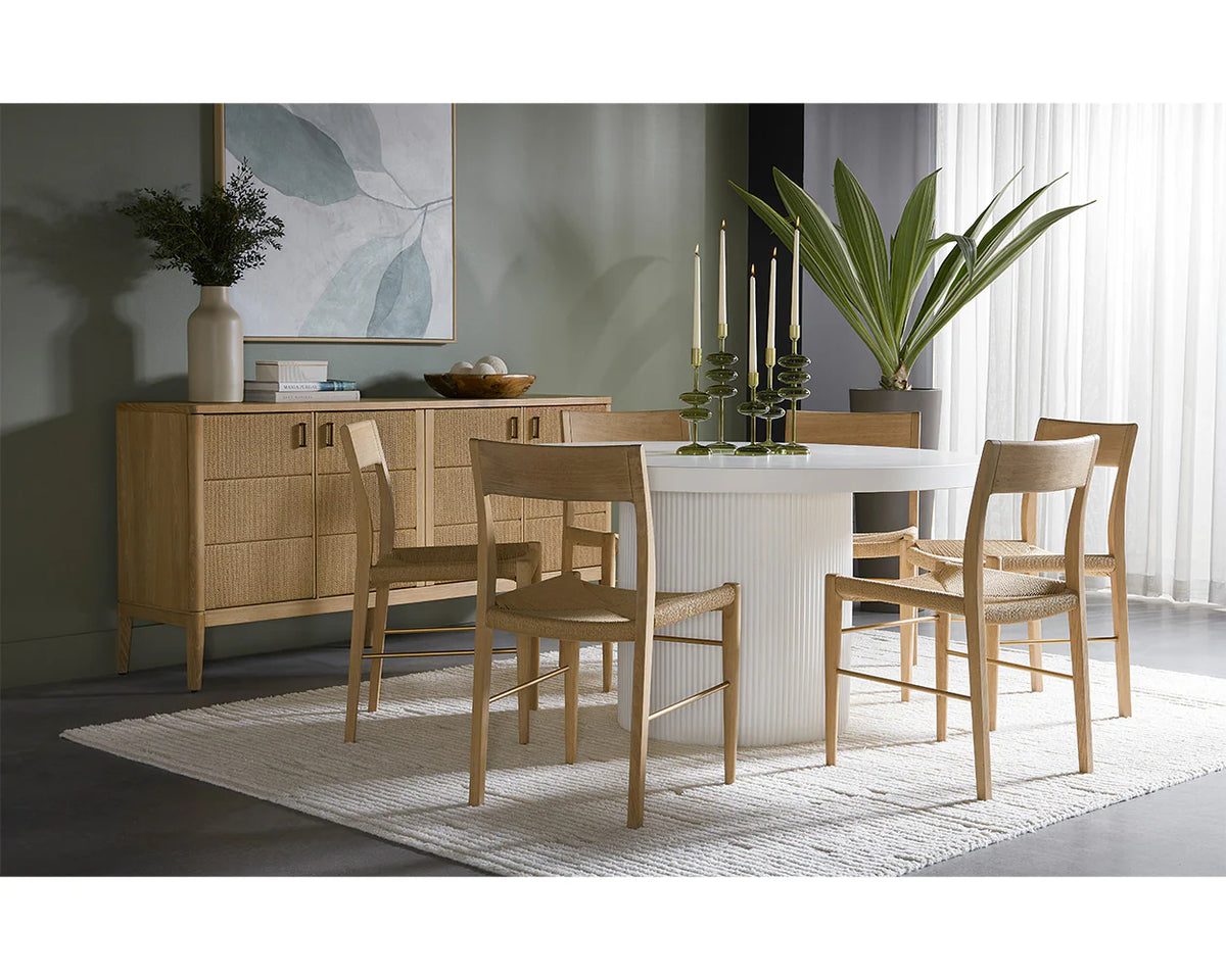 Nicolette Indoor/Outdoor White 55" Dining Table & Outdoor Capri Brown Teak Dining Chairs (Set of 4)