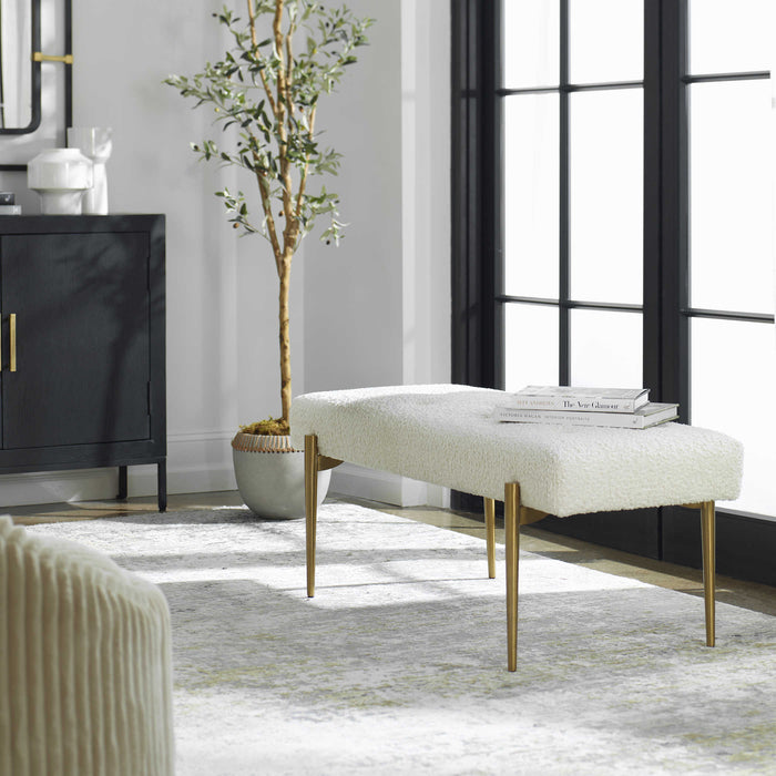 Trinity White Faux Shearling & Brass Bench