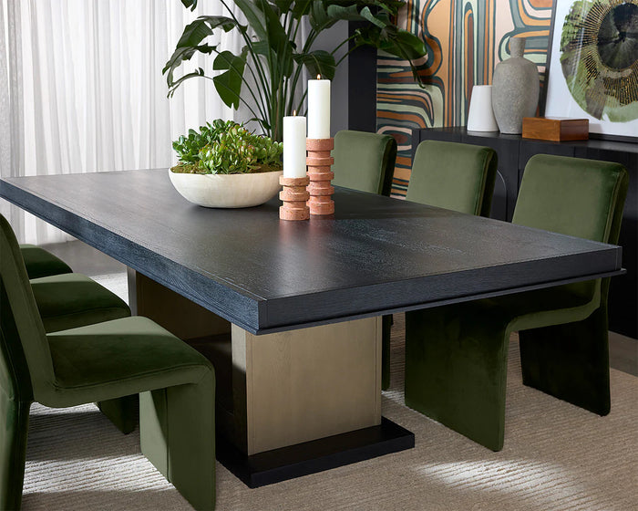 Judson 100" Black & Gold Dining Table & Cascata Green Dining Chair (Set of 8)
