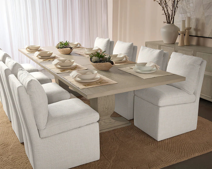 Rhaenyra Beige Oak Extension Dining Table & Glenrose Linen Wheeled Dining Chairs (Set of 8)