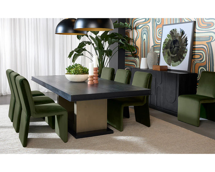Judson 100" Black & Gold Dining Table & Cascata Green Dining Chair (Set of 8)