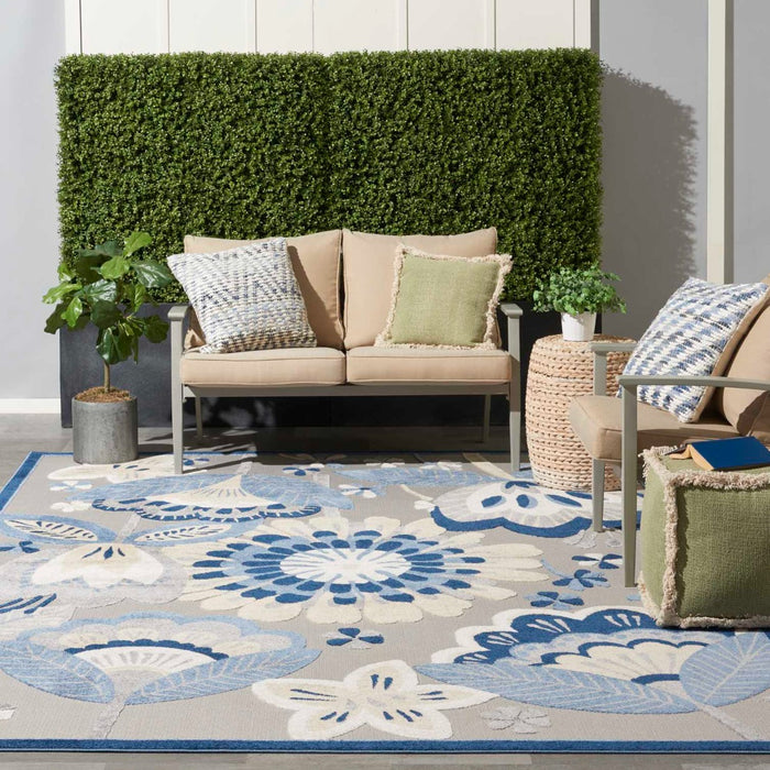 Annitra Indoor/Outdoor Blue & Grey Bouquet Area Rug - Elegance Collection