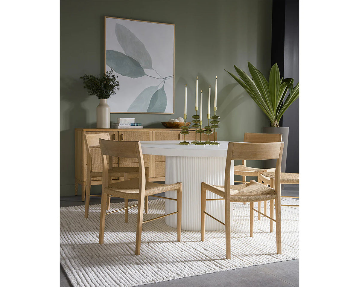 Nicolette Indoor/Outdoor White 55" Dining Table & Outdoor Capri Brown Teak Dining Chairs (Set of 4)