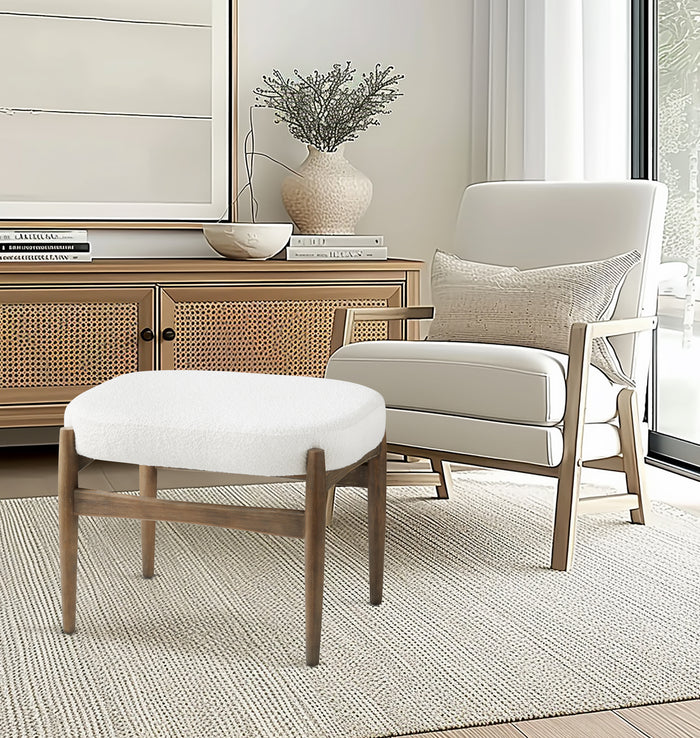 Winslow White Boucle & Wood Ottoman