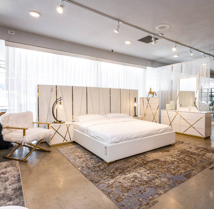 Ivo Modern White Faux Leather & Gold Bedroom Set
