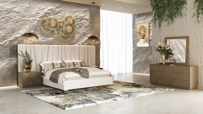 Ivo Modern Beige Velvet & Gold Bed & Bedroom Set