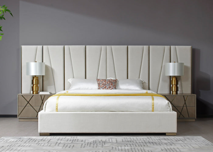 Ivo Modern Beige Velvet & Gold Bed & Birch Nightstands