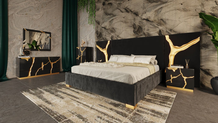 Fable Modern Black & Gold Bed with Nightstands