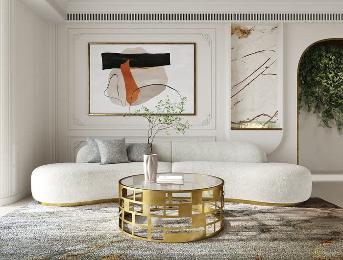 Giovanni Curved White Sectional Sofa With Beige Pillows