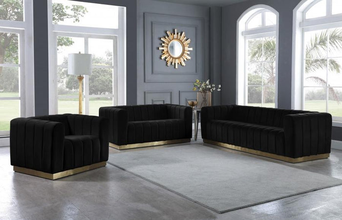 Alyson Black Velvet with Brushed Gold Stainless Steel Loveseat