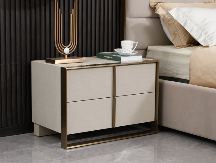 Elidi Modern Beige Shagreen & Brushed Brass Nightstand