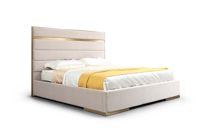 Elidi Modern Beige Velvet & Brushed Brass Bed