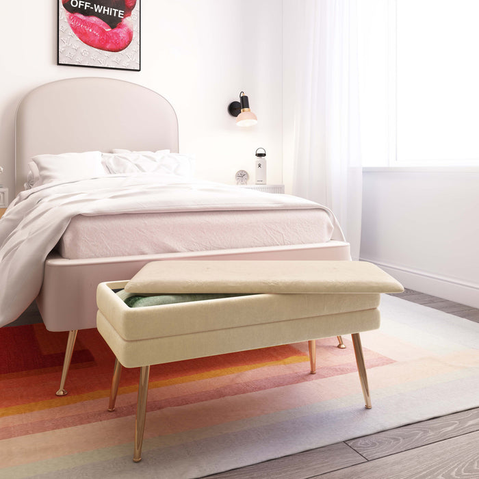 Kamini Cream Velvet Storage Bench - Luxury Living Collection