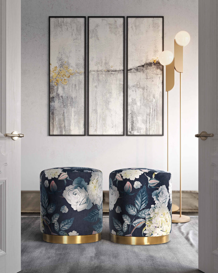 Naama Floral Velvet with Gold Base Ottoman - Luxury Living Collection