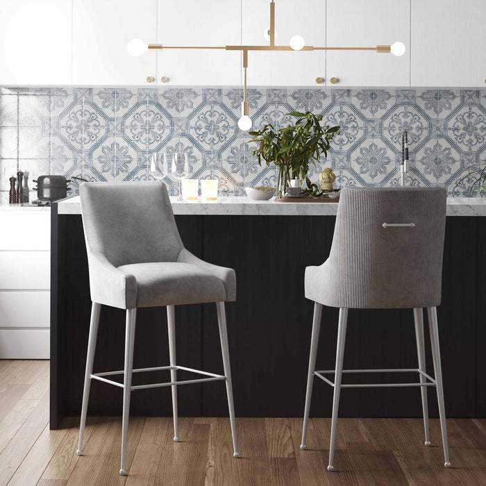 Prado Pleated Light Grey Velvet Bar Stool - Luxury Living Collection