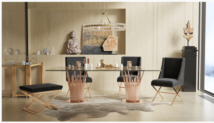 Virgil Modern Glass & Rosegold Rectangular Dining Table