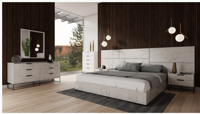 Antonina Modern Faux White Marble Bed with 2 Nightstands