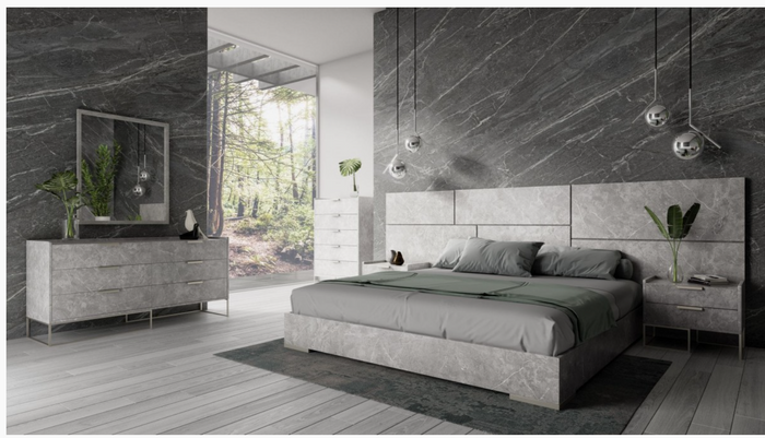 Antonina Modern Faux Grey Marble Bed with 2 Nightstands