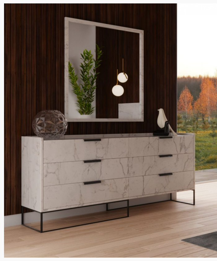 Antonina Modern Faux White Marble with Matte Black Dresser