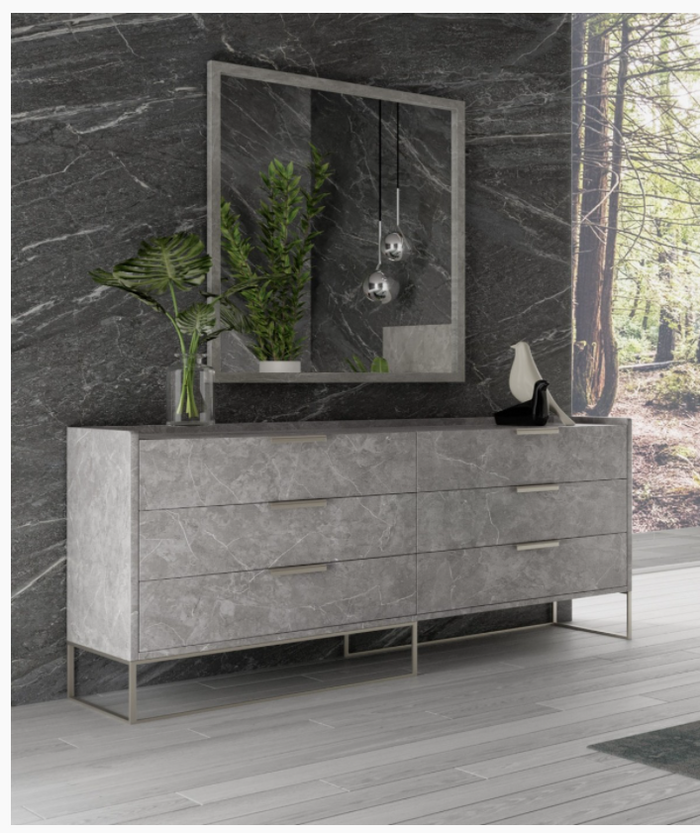 Antonina Modern Faux Grey Marble with Stainless Steel Champagne Dresser
