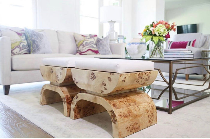 Rowe Rich Burl Wood & White Linen Ottoman