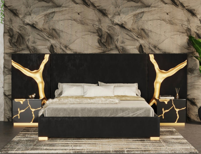 Fable Modern Black & Gold Bed with Nightstands