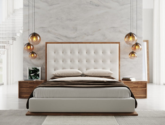 Meera White Vegan Leather & Walnut Bed