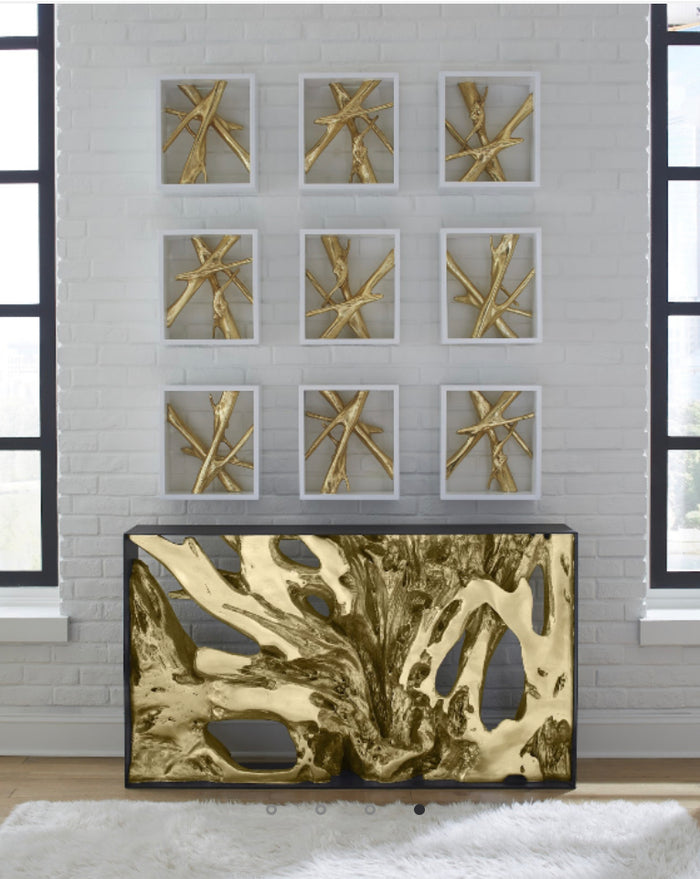 Cast Root Gold Leaf Metal Framed Console Table (2 Sizes Available)