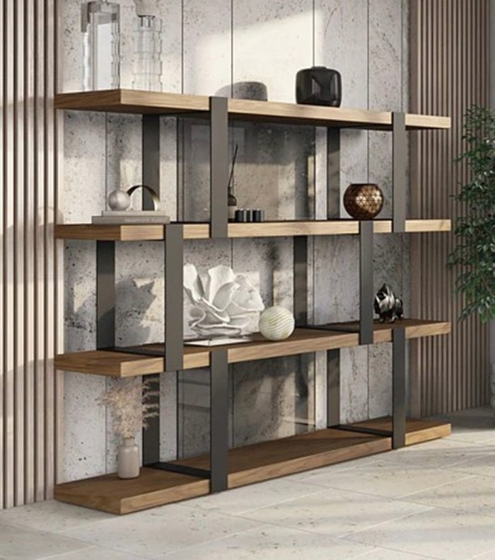 Bryonia Modern Walnut & Black Exposed Metal Bookshelf