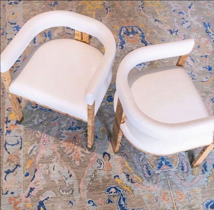 Ezra White Linen/Gold & Burl Wood Chair