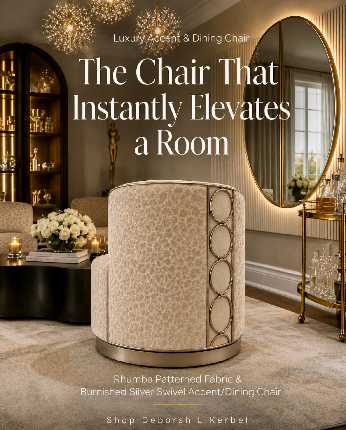 Rhumba Patterned Fabric & Burnished Silver Swivel Accent/Dining Chair