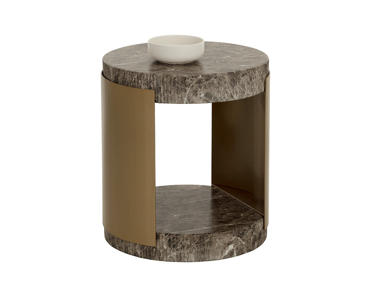 Cavette Dark Emperador Faux Marble & Brass End Table- Indoor/Outdoor