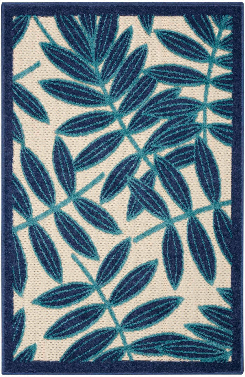 Annitra Indoor/Outdoor Natural Blue Swirling Vines Design Area Rug - Elegance Collection