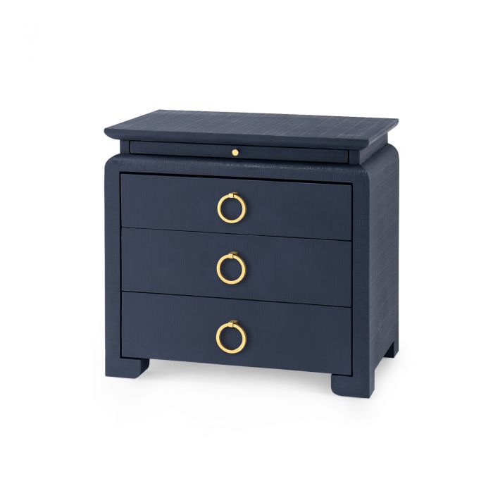 Vani 3 Drawer Storm Blue Side Table - Round Gold Handles
