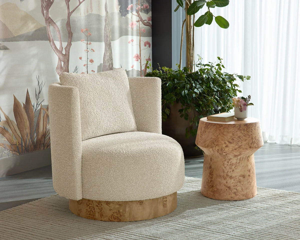 Fortis Oatmeal Swivel Accent Chair with Maple Burl Base