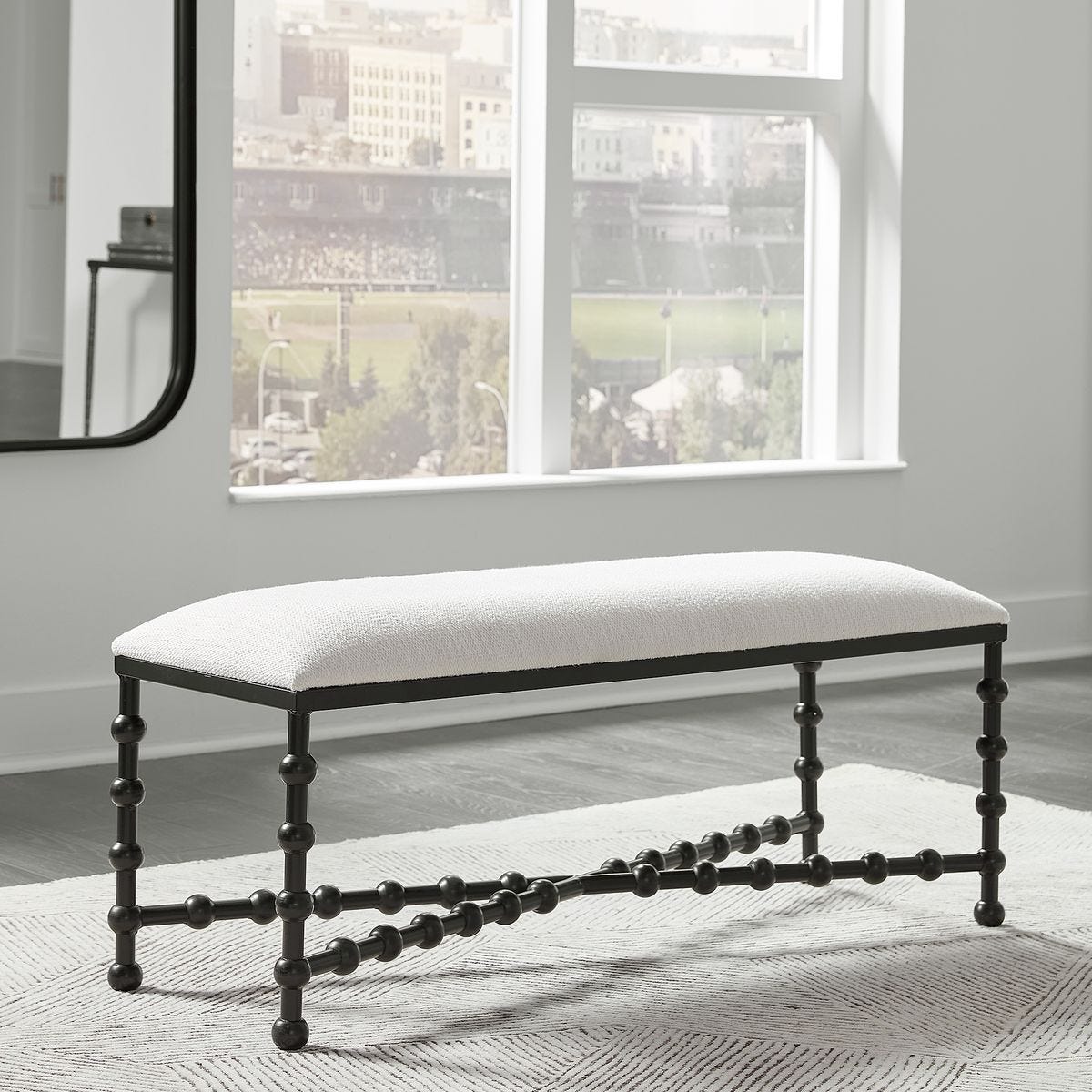 Izora 48” Satin Black Iron and White Textured Bench