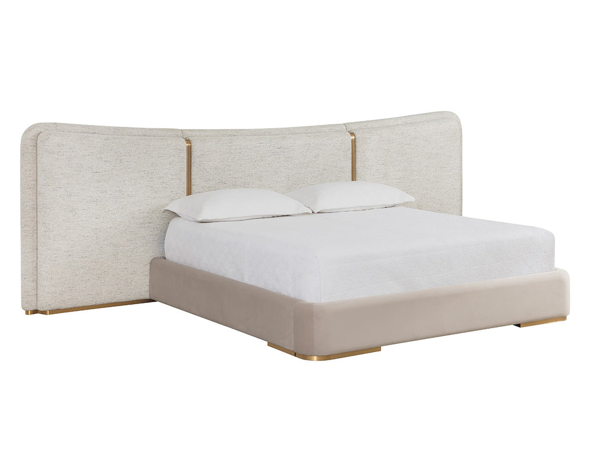 Clarimond Taupe & Light Moon Fabric King Bed with Brushed Gold