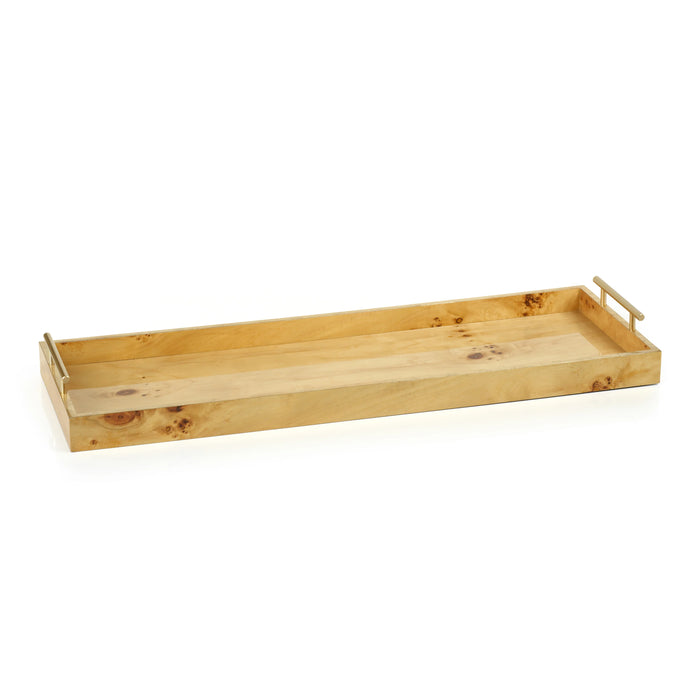 Adeline Large Burl Wood Retangular Tray with Gold Handles - Set of 2