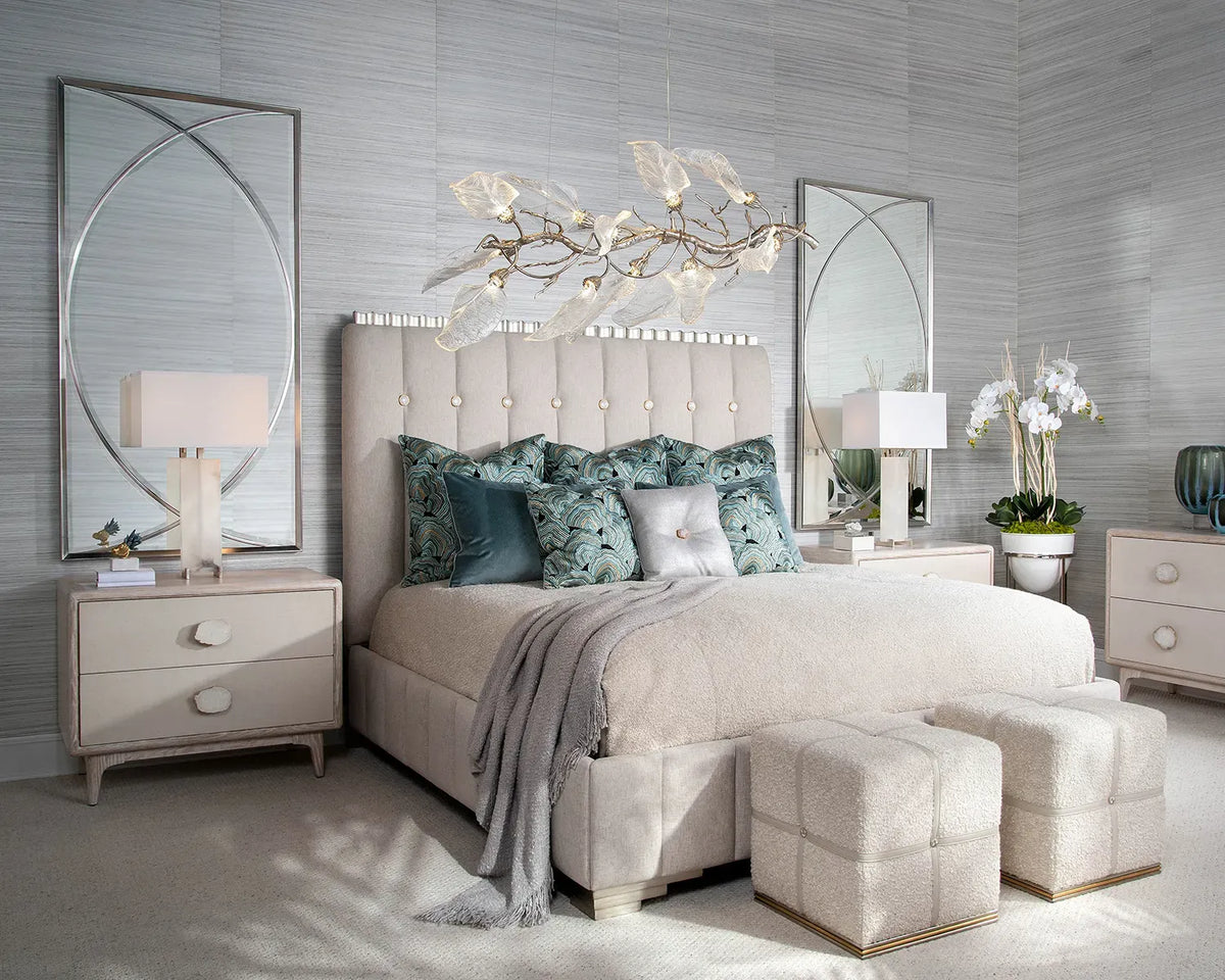 Camora Pale Taupe Bouclé Ottoman with Nickel & Gold Details