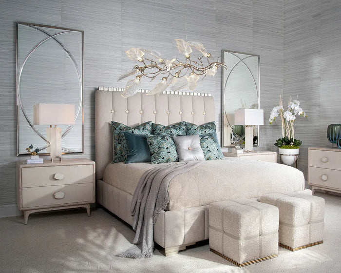 Camora Pale Taupe Bouclé Ottoman with Nickel & Gold Details