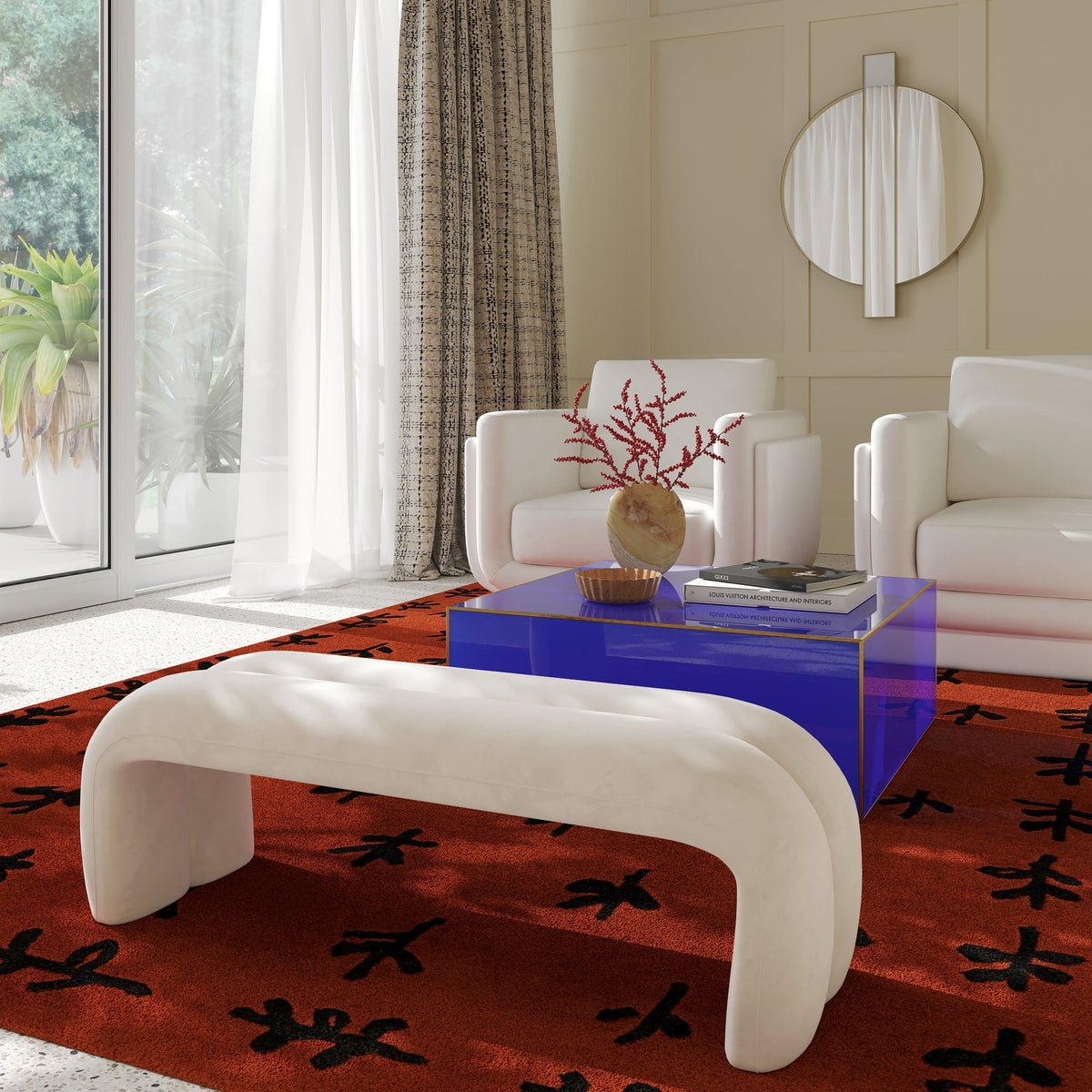 Lucien 56" Cream Performance Velvet Channeled Bench
