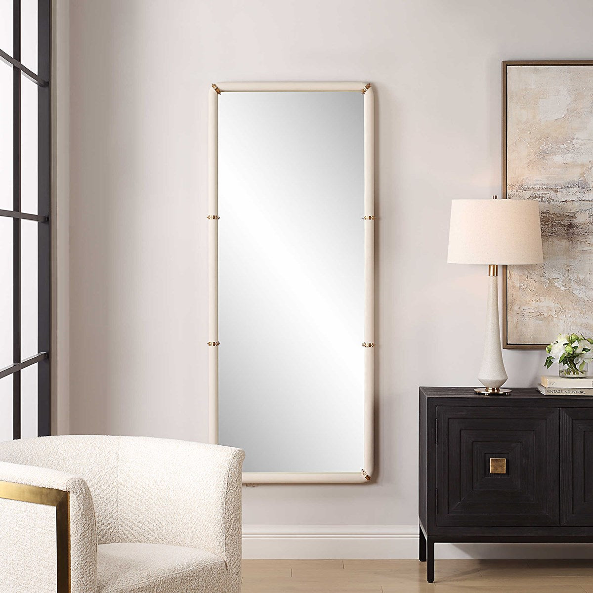 Cyprus 72" White Faux Leather & Gold Dressing Mirror