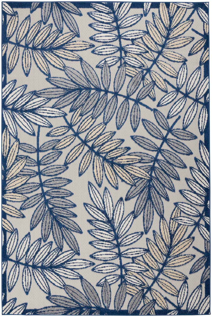 Annitra Indoor/Outdoor Ivory & Navy Leaf Design Area Rug - Elegance Collection