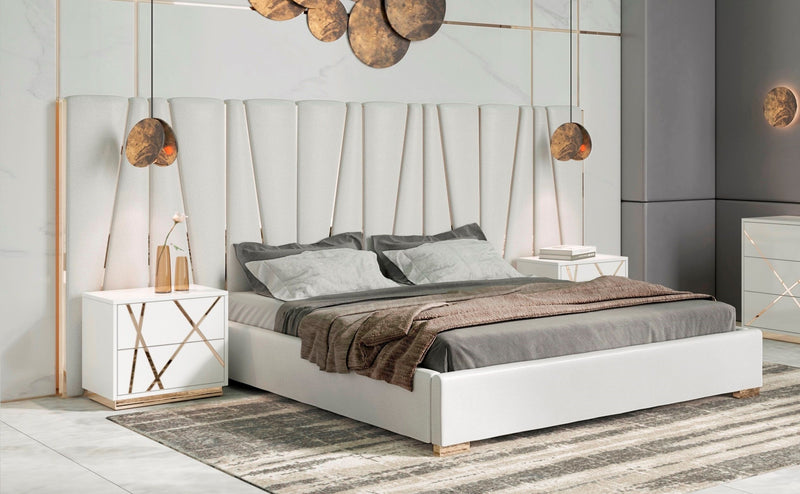 Ivo Modern White Faux Leather & Gold Bed With Nightstands