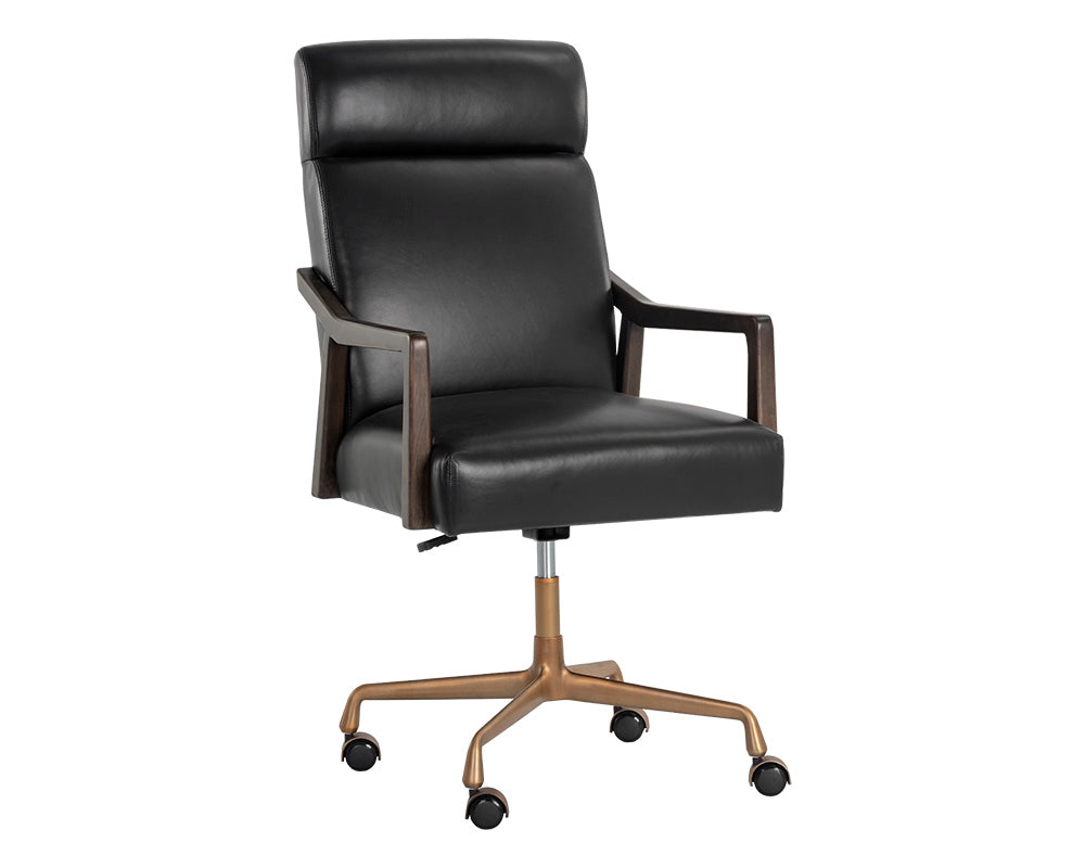 Collin Black Leather & Oak Brushed Gold Desk Chair